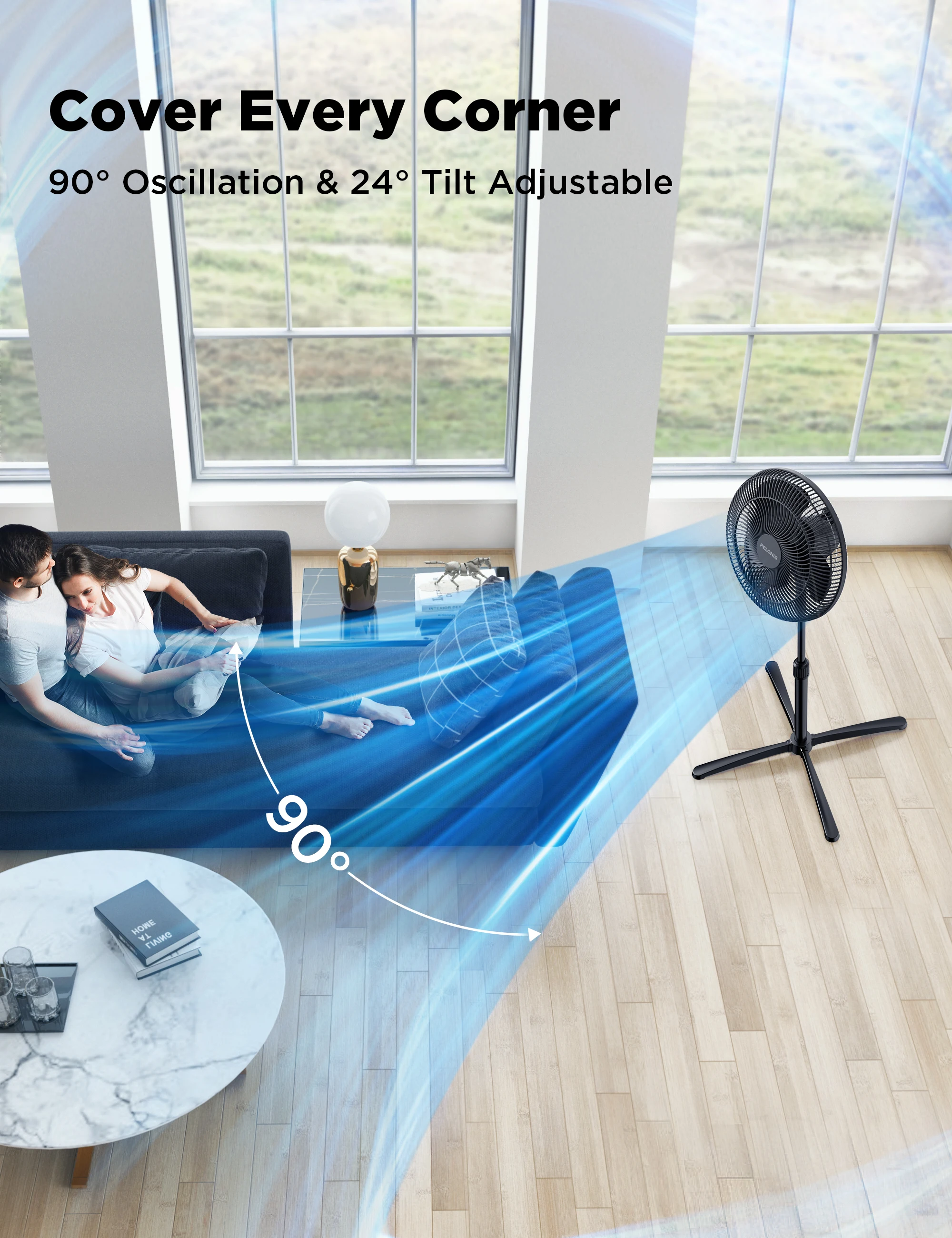 PELONIS 16‘’ Pedestal Stand Up Oscillating Fan with 3 Speeds Settings Ultra Quiet Adjustable Heights 2 Packs Black 3