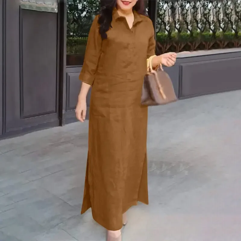 

Женское однотонное простое платье с длинными рукавами, рубашка с лацканами и Боковым Разрезом в стиле ретро, длинная юбка, повседневное Свободное длинное платье из хлопка и льна