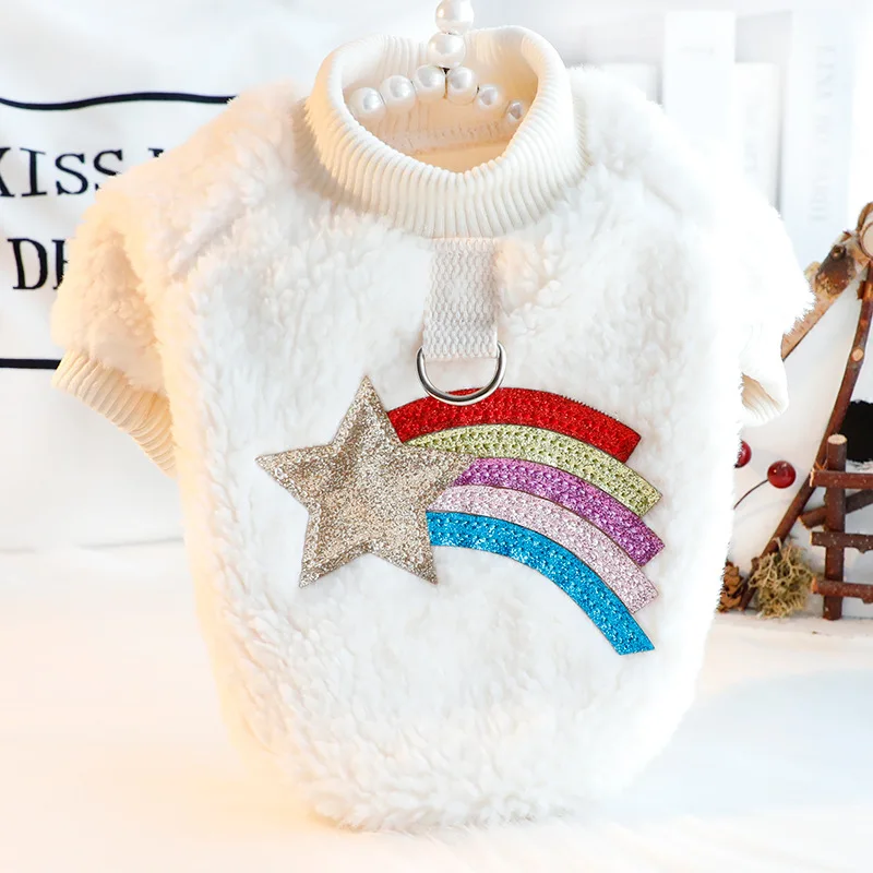 

Rainbow Stars Print Pet Dog Clothes Fashion Soft Plush White Hoodies For Small Medium Dogs Warm Clothing for Puppy Dog Hoodies