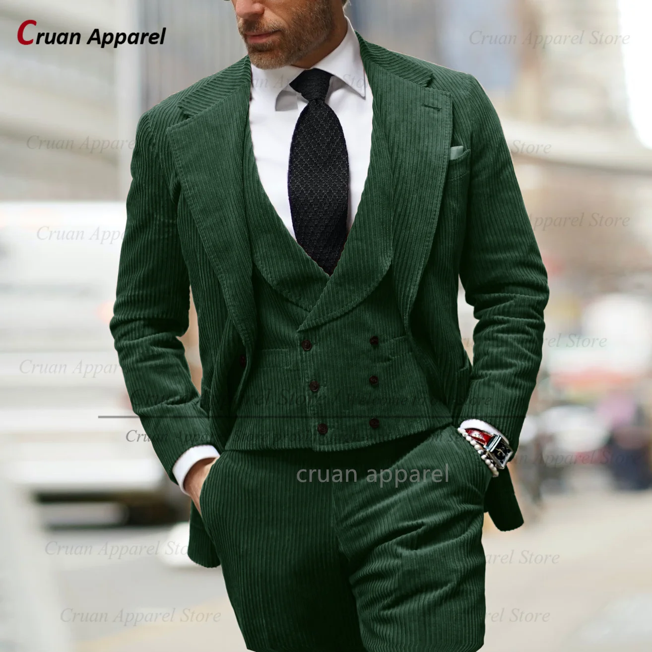 Corduroy Men Suits 3 Pieces Slim Fit Fashion Dinner Business Wedding Tuxedos Men Tailor-made Casual Blazer Vest Pants Set