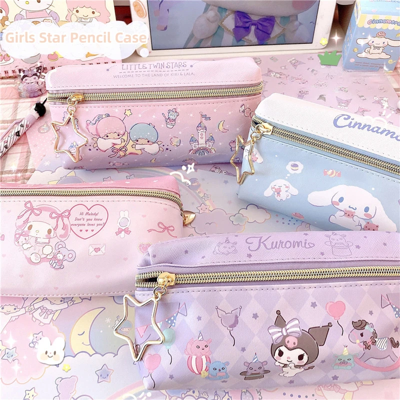 Japanese Sanrio Pencil Case Kuromi Cinnamoroll Double-layer Zipper Pencil Case Student Kids Cute Kawaii Storage Bag Organizer