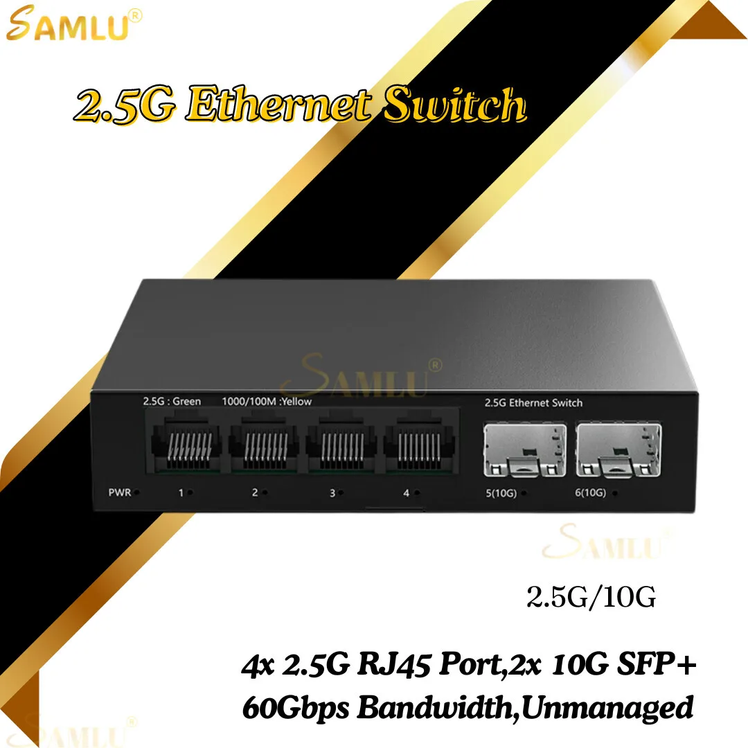 2.5Gb Switch 4 Port 2.5G Unmanaged Network Switch with 2 Port 10GbE SFP+ Slot Home Lab Setup Ethernet Plug&Play