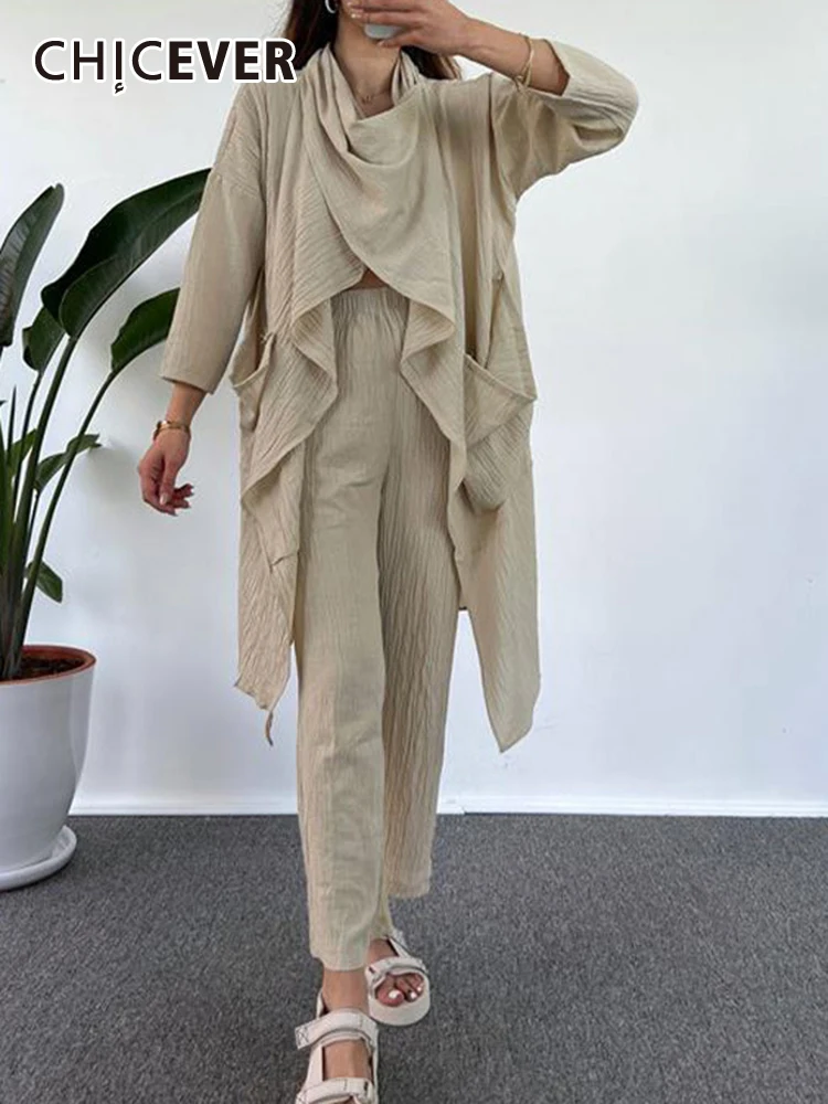 

CHICEVER Autumn Set For Women Pile Colar Long Sleeve Asymmetrical Pullover Tops High Waist Pencil Pant Solid Women's Sets Female