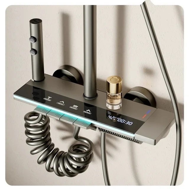 Grey shower Set Four-Function Smart Digital Display  Shower System Rainfall Pressurized Wall-mounted Piano Key Shower Faucet Set 2