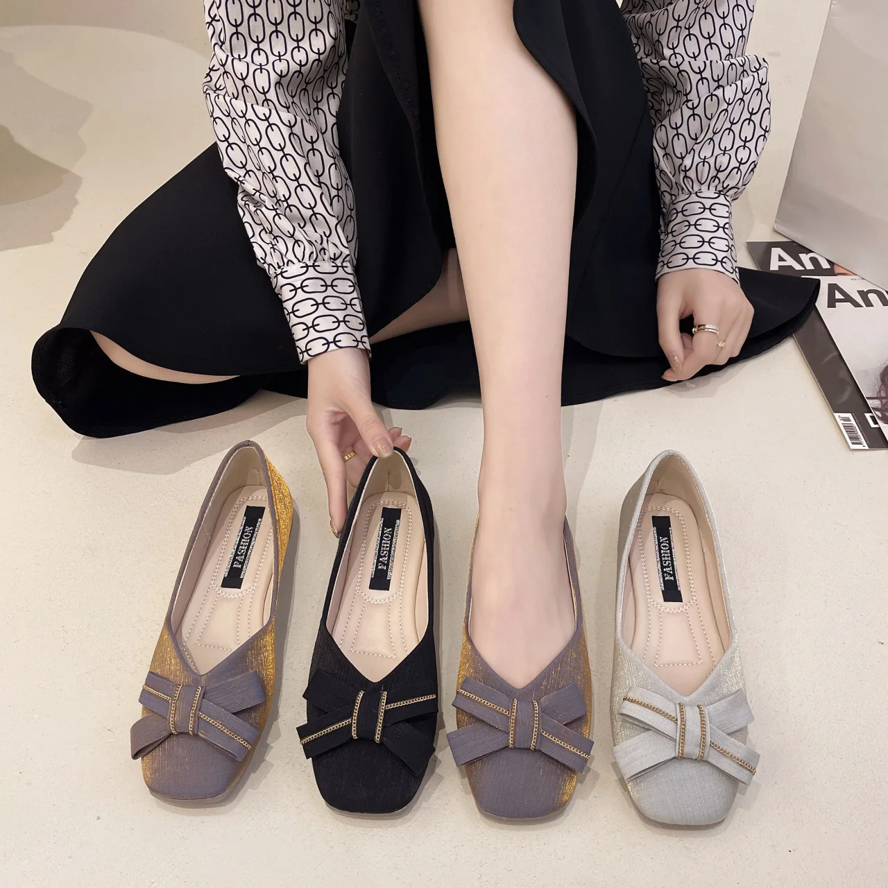 

Women's Shoes Square PU Bow Soft Bottom Breathable Casual Comfortable Flat Shoes