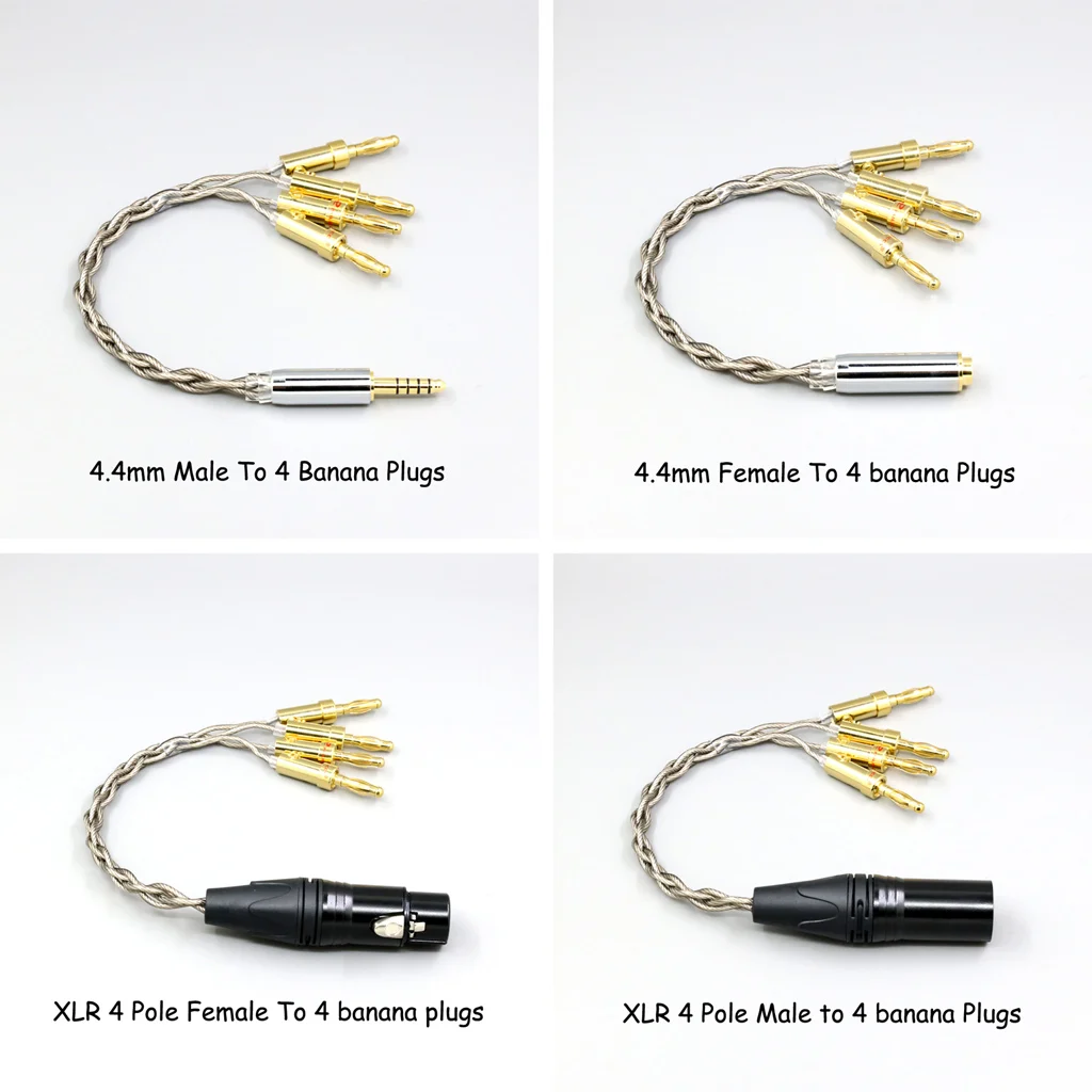 99 % reines Silber + Graphen versilbertes Schild-Kopfhörerkabel für XLR 6,35 mm 4,4 mm 3,5 mm männlich weiblich auf 4 Bananenstecker-Adapter