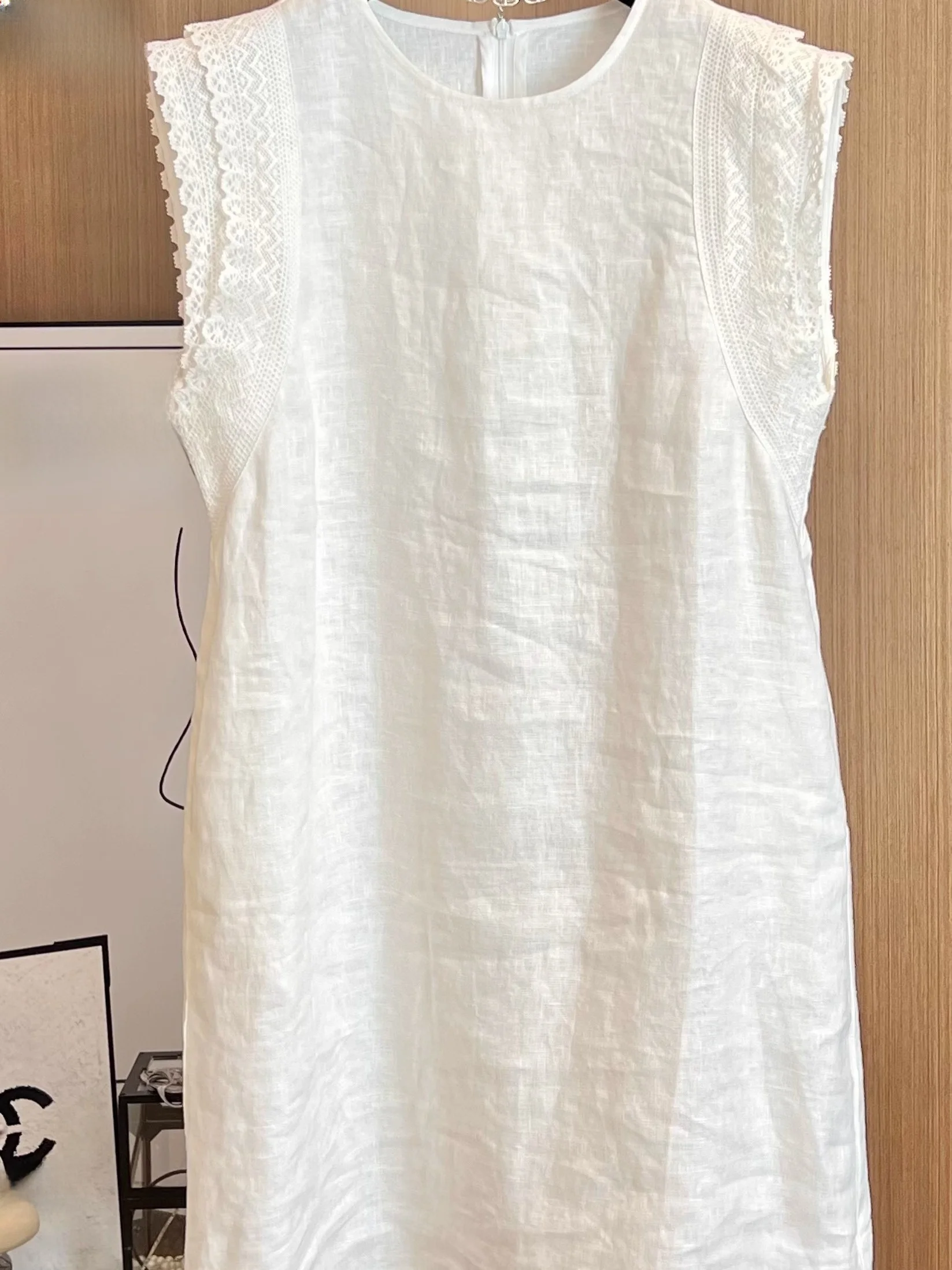 Artistic Pure Color Cotton Linen Svel Dr Large Size Women's Lace Patchwork Fly Sve Mid-Length Vest Dr Summer