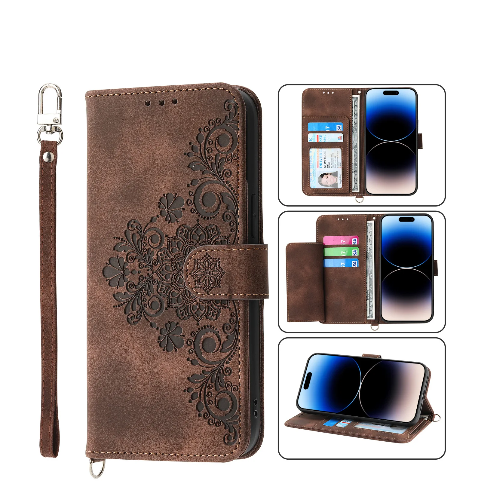 Elegant Leather Crossbody Wallet Case with Wrist Strap & Card Slots