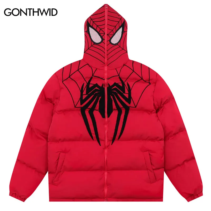 

Winter Waterproof Hooded Jacket Padded Parkas Streetwear Hip Hop Embroidery Spider Web Full Zip Up Thick Warm Parka Coats 2023