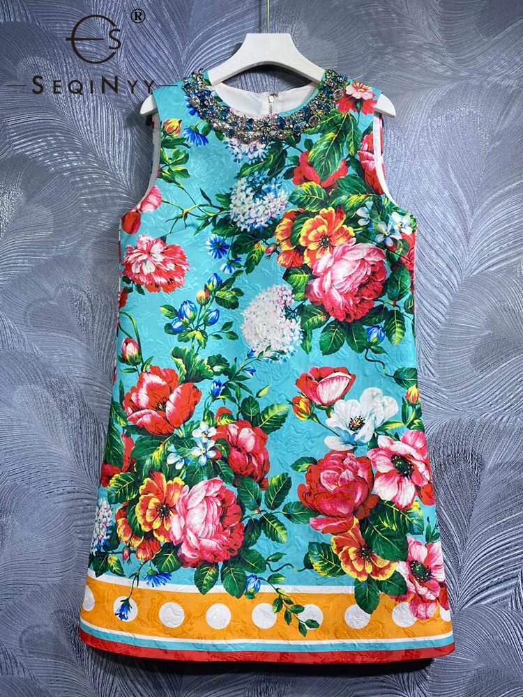 

SEQINYY Elegant Mini Dress Summer Spring New Fashion Design Women Runway High Quality Jacquard Vintage Flower Print Beading