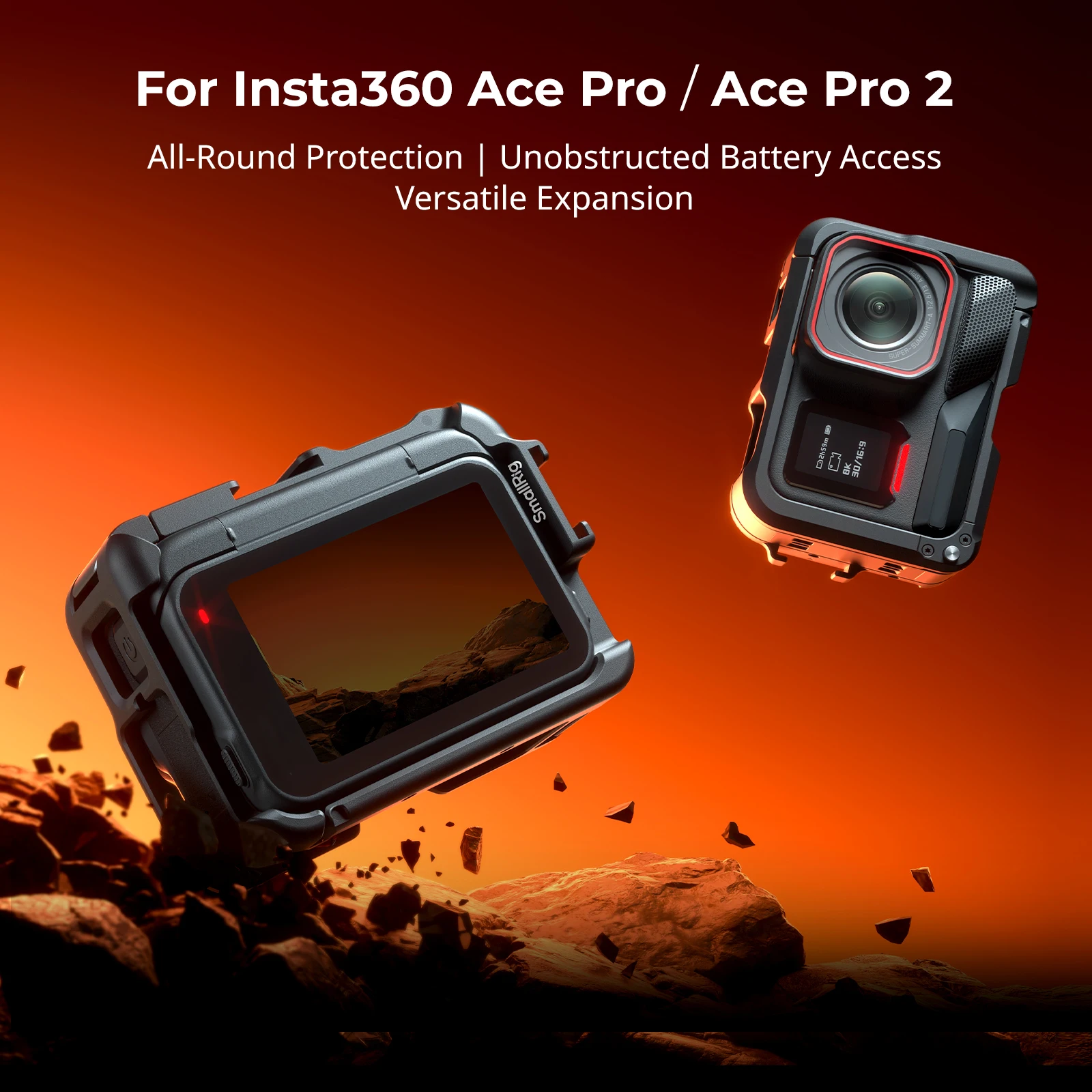 SmallRig Cage installé sur Insta360 Ace Pro, avec vis de fixation et trous pour accessoires, vue latérale.