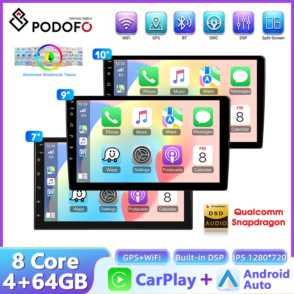Radio para Auto Podofo de 7, 9 y 10 Pulgadas, 8 Núcleos, 4G + 64G, Android 2 Din, Autoradio, GPS, Estéreo, WIFI, Carplay Inalámbrico, Android Auto, Multimedia 1