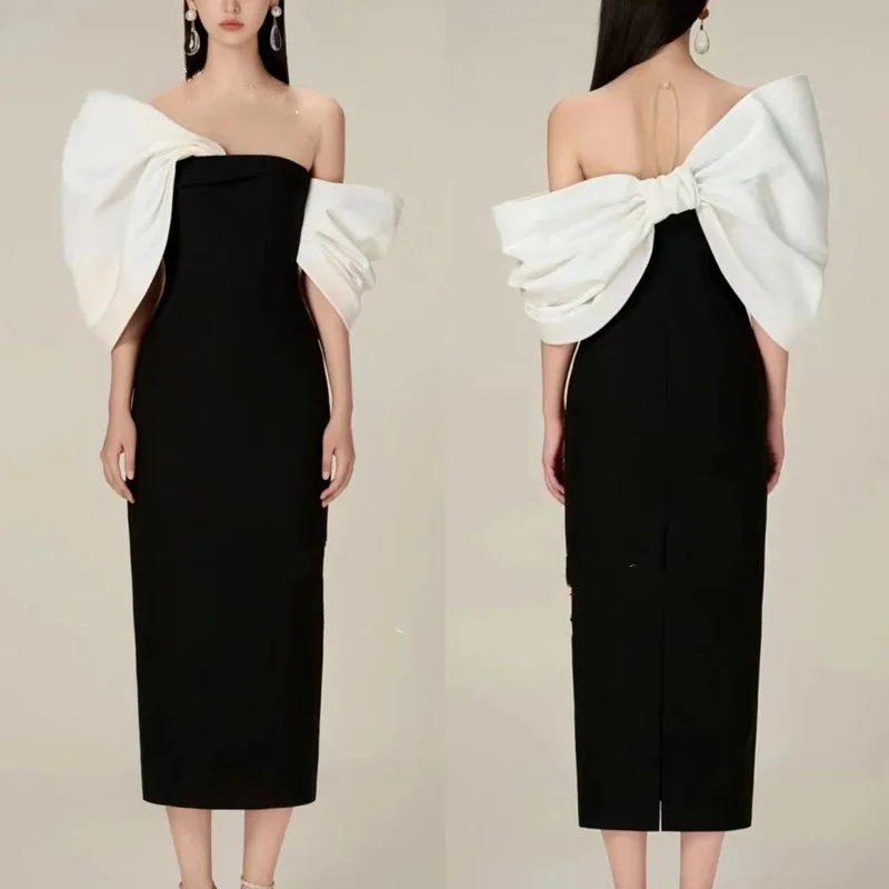 

Fashion Design Black Off Shoulder Evening Dresses Spliced with White Big Bow Porm Dress vestidos de fiesta elegantes para mujer