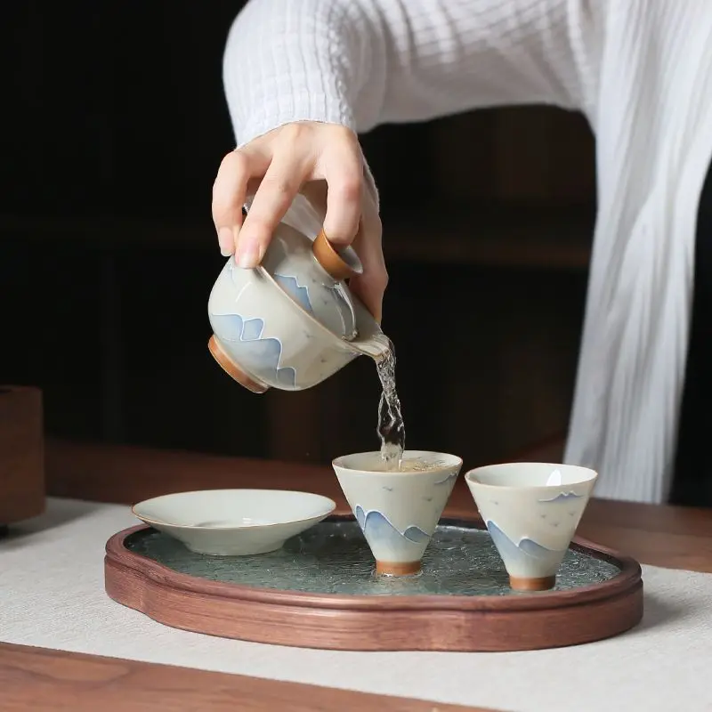 Hand-Painted Landscape Ceramic Tea Cup, Plant Ash Glaze & Underglaze Color, Bamboo Hat Design for Gongfu Tea Ceremony Home Decor