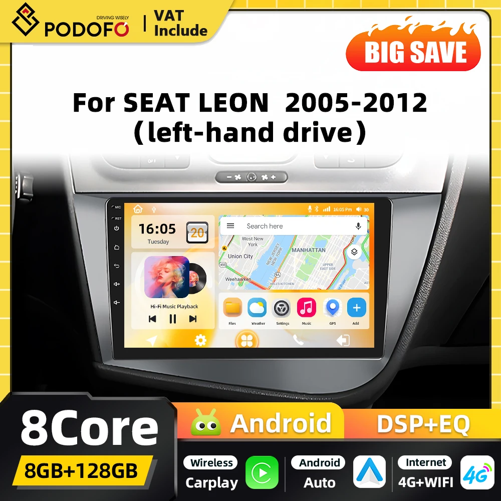 Radio de Coche Android Podofo de 8 Núcleos y 2 DIN para SEAT LEON 2005 2006-2012, Navegación GPS, Carplay, Android Auto, WIFI, DSP, FM, RDS, Bluetooth 1