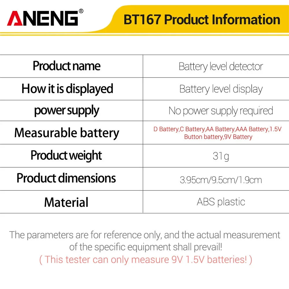 ANENG BT167 Battery Level Detector Multifunctional Quickly Measure Battery Level ABS Plastic Precise Measurements Tester Tools battery tester