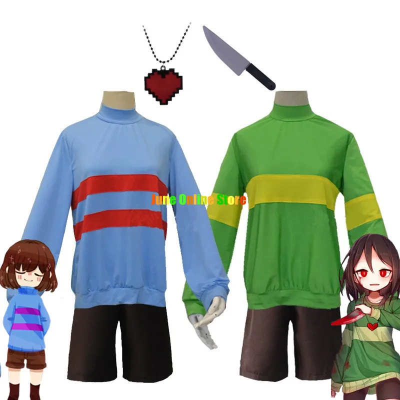 

Adult Anime Game Chara Frisk Undertale Cosplay Costume Sweatshirt High Collar Long Sleeve Jacket Shorts Knife Heart Necklace