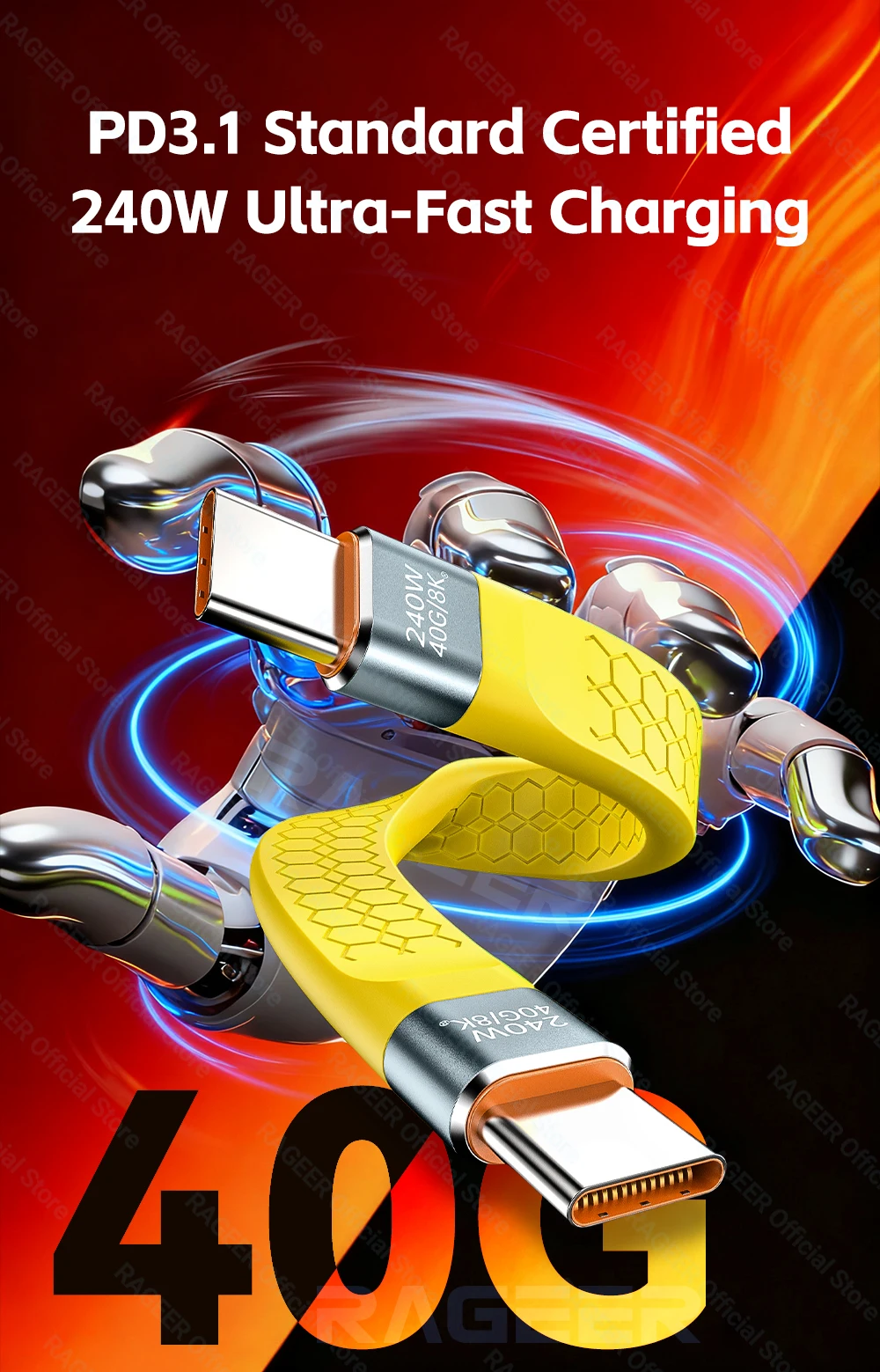 RAGEER USB4 Typ-C-Kabel – 40 Gbit/s Daten und 8K@60 Hz Video | PD 240W Aufladen | Zertifizierter E-Marker-Chip | Schnellladung und Datensynchronisierung – Detail 1