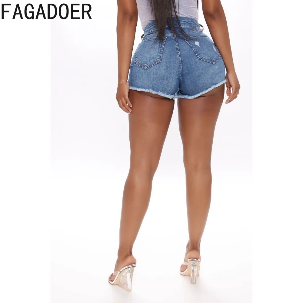 FAGADOER Blue Fashion Hole Denim Shorts Women High Waisted Button Elastic Skinny Jean Summer Female Solid Color Cowboy Bottoms