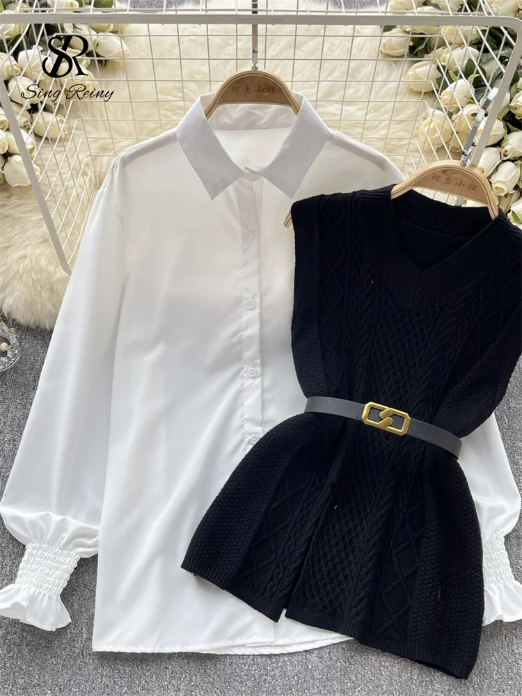 SINGREINY مكتب سيدة محبوك سترة دافئة سميكة متماسكة سترة واحدة الصدر فانوس كم بلوزة 2025 المرأة البلوز قميص الدعاوى