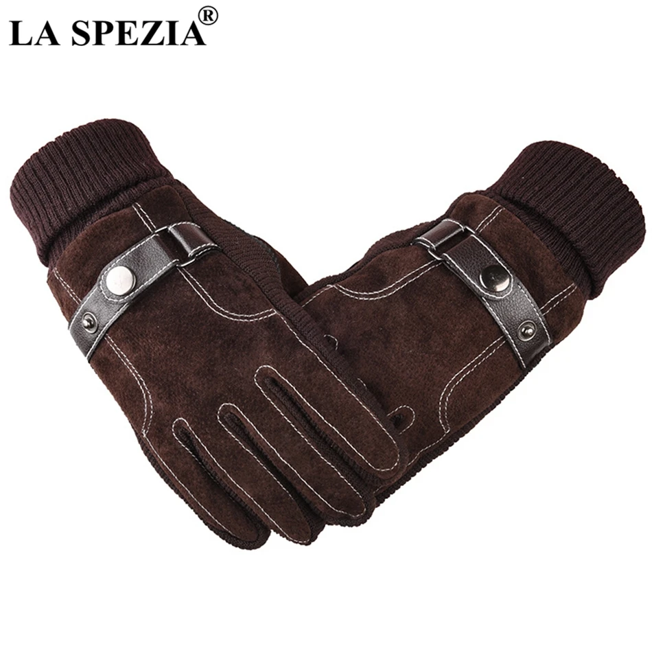 LA SPEZIA Leather Gloves Men Genuine Pigskin Gloves Winter Male With Buckle Lined Thick Patchwork Touch Screen Warm Mitten Brown