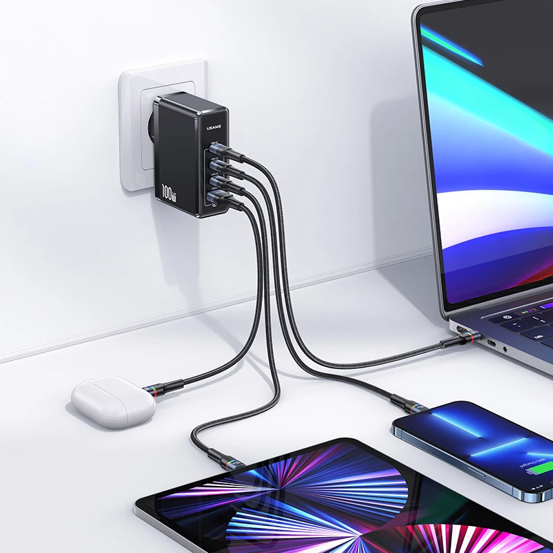 USAMS Hot Selling Big Power 4 Ports Wall Charger 100W PD QC Type C USB Phone Laptop EU Plug GaN Fast Charger