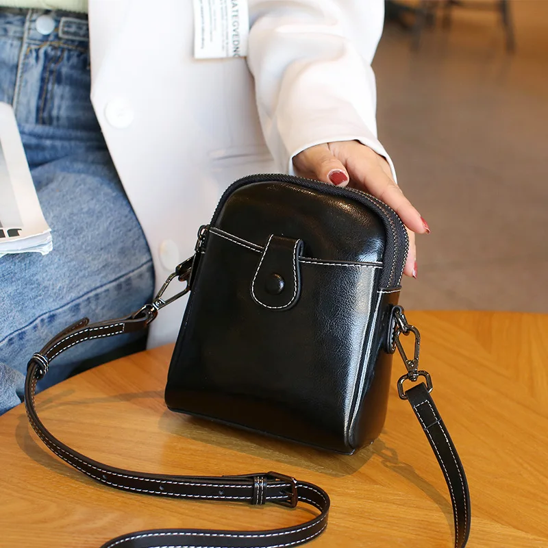 Real Cowhide Mobile Phone Bag Solid Small Messenger Women's Bag
