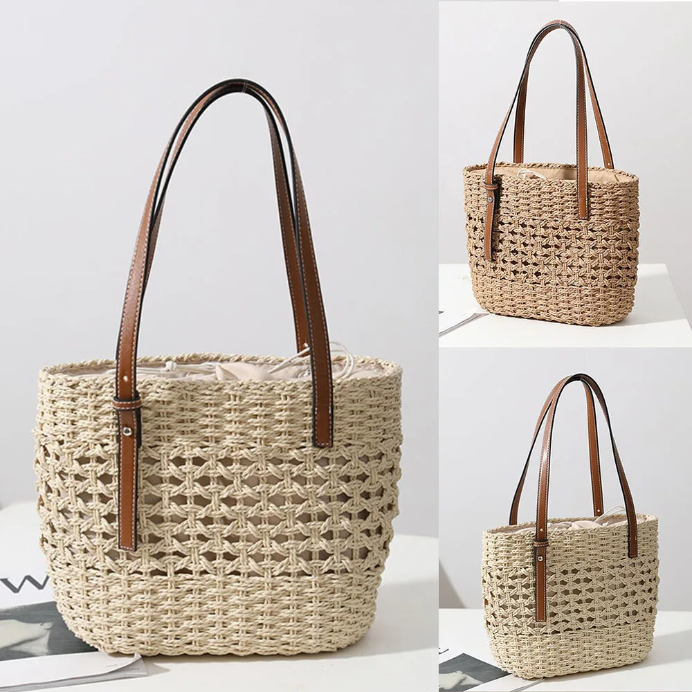 

Vacation Beach Weave Tote Bag Large Capacity PU Leather Top-handle Casual Portable Braided Hollow Out Rattan Big Basket Satchel