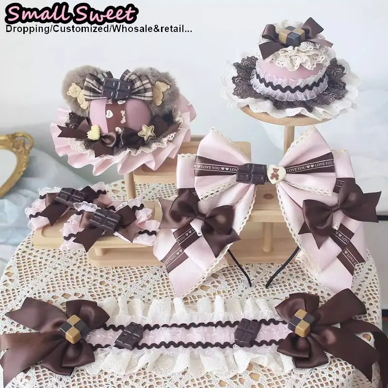 Women Chocolate-Colored Lolita Hair Accessories Y2K Girl Hawthorn Berry Hairband Cake Mini Hat Side Clips Necklaces Choker Cuff