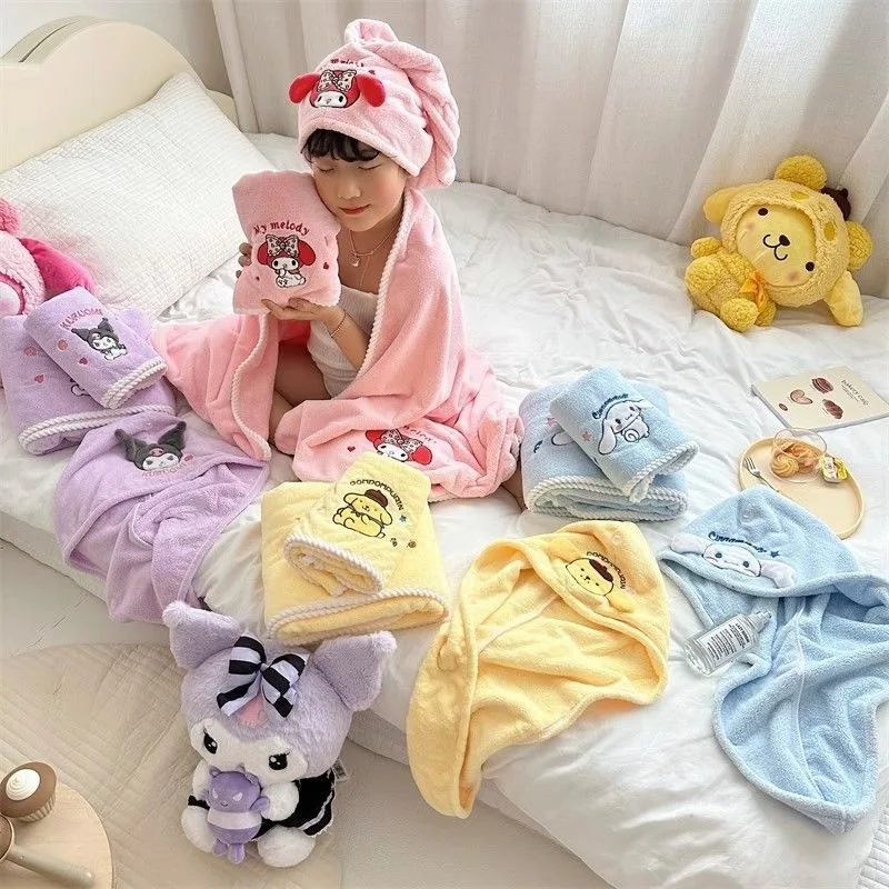 3pcs Sanrio Cinnamoroll Towel Bath Towel Bathing Cap Pochacco Melody Kuromi Girl Quick Drying Hair Cap Kid Beach Household