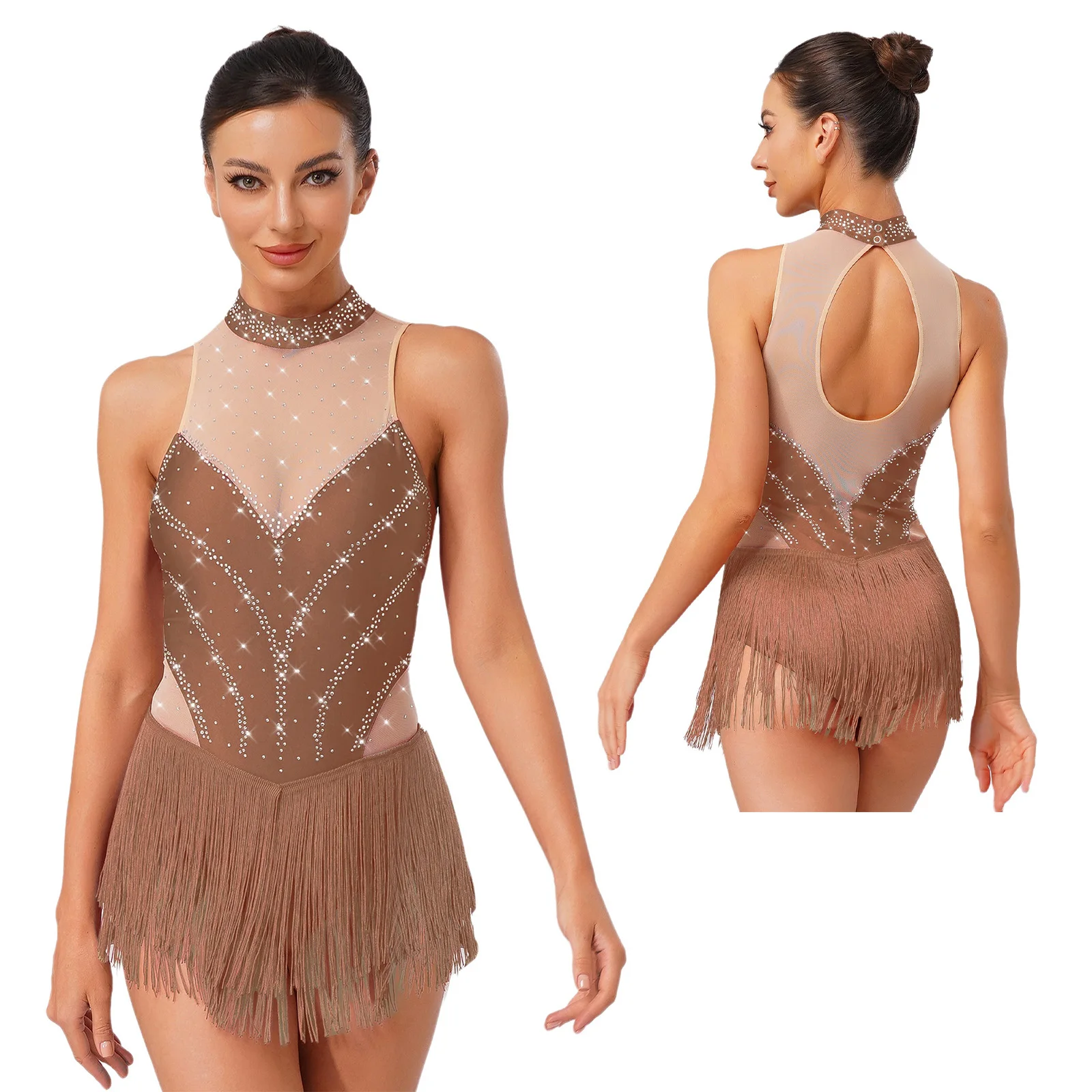 Body Paillettes Femme Danse - Justaucorps Sans Manches Latin Jazz Salsa, Tulle, Brillant, Taille S/M