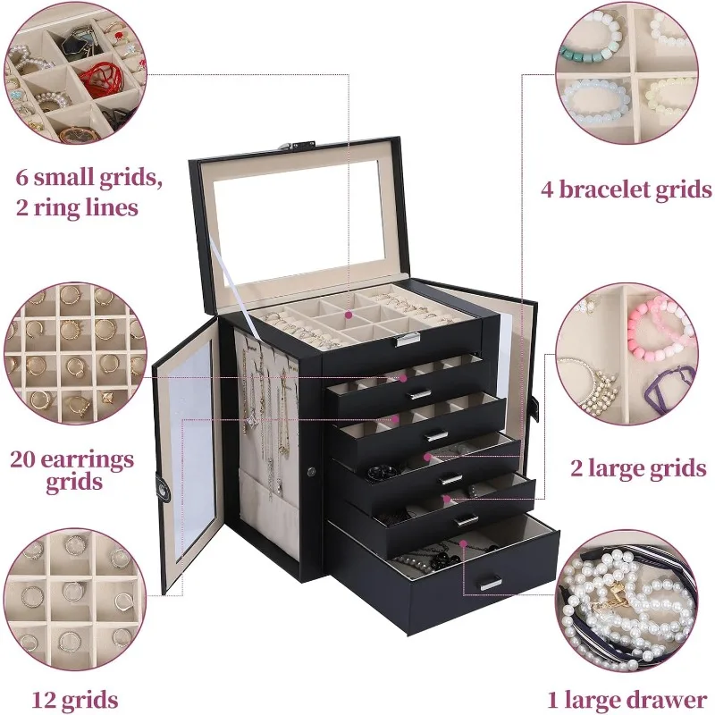 6-Layer Large Jewelry Box with Mirror – Multifunctional Jewelry Organizer with 5 Drawer... - SKU JBM08509 - UGI Packaging
