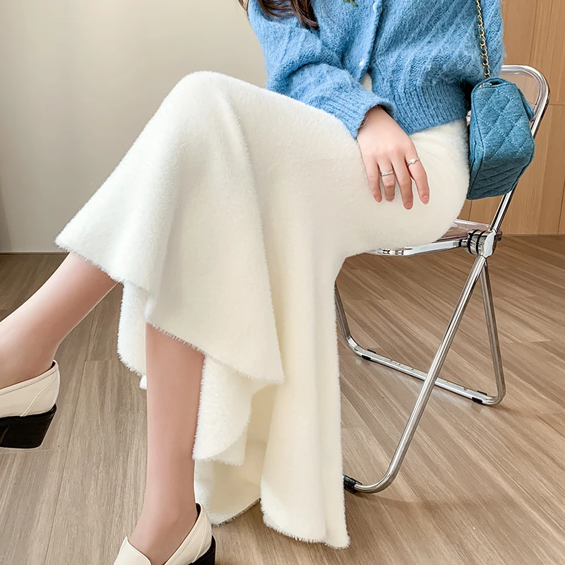 

Mermaid Mink Cashmere Skirts Vintage Women Long Skirt High Waist Knitted Slim Long Skirts Elegant Bodycon Autumn Winter O414