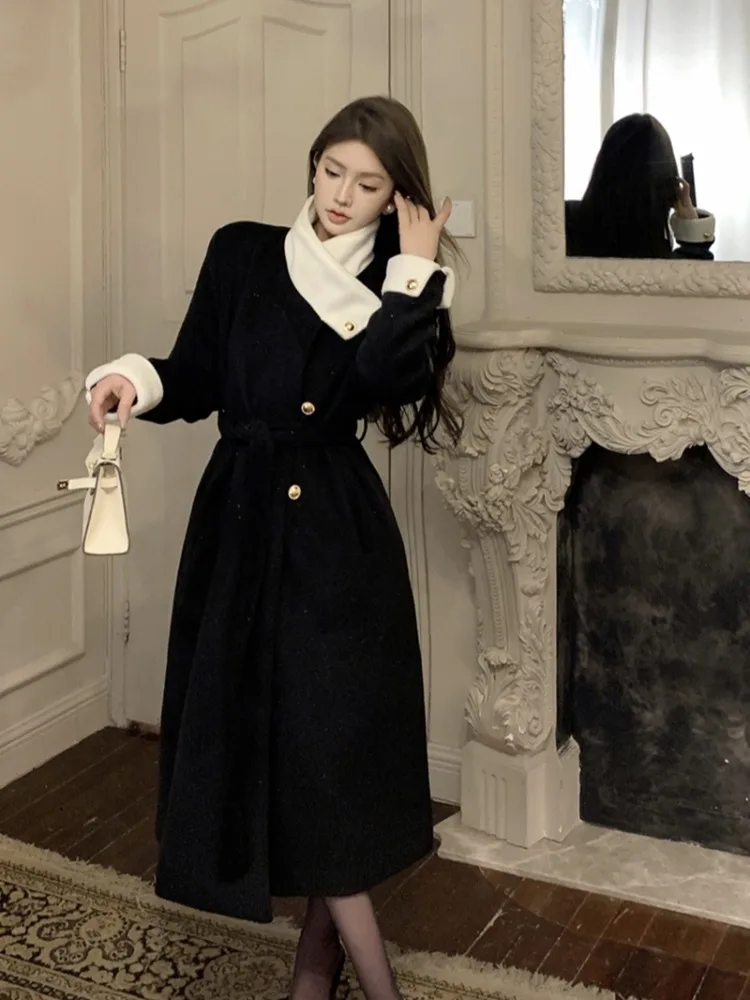 Breasted Mid Length Woolen Coat For Women In Winter With Contrasting Lapel Collar For A High-end Feel, Loose And Shiny Woolen