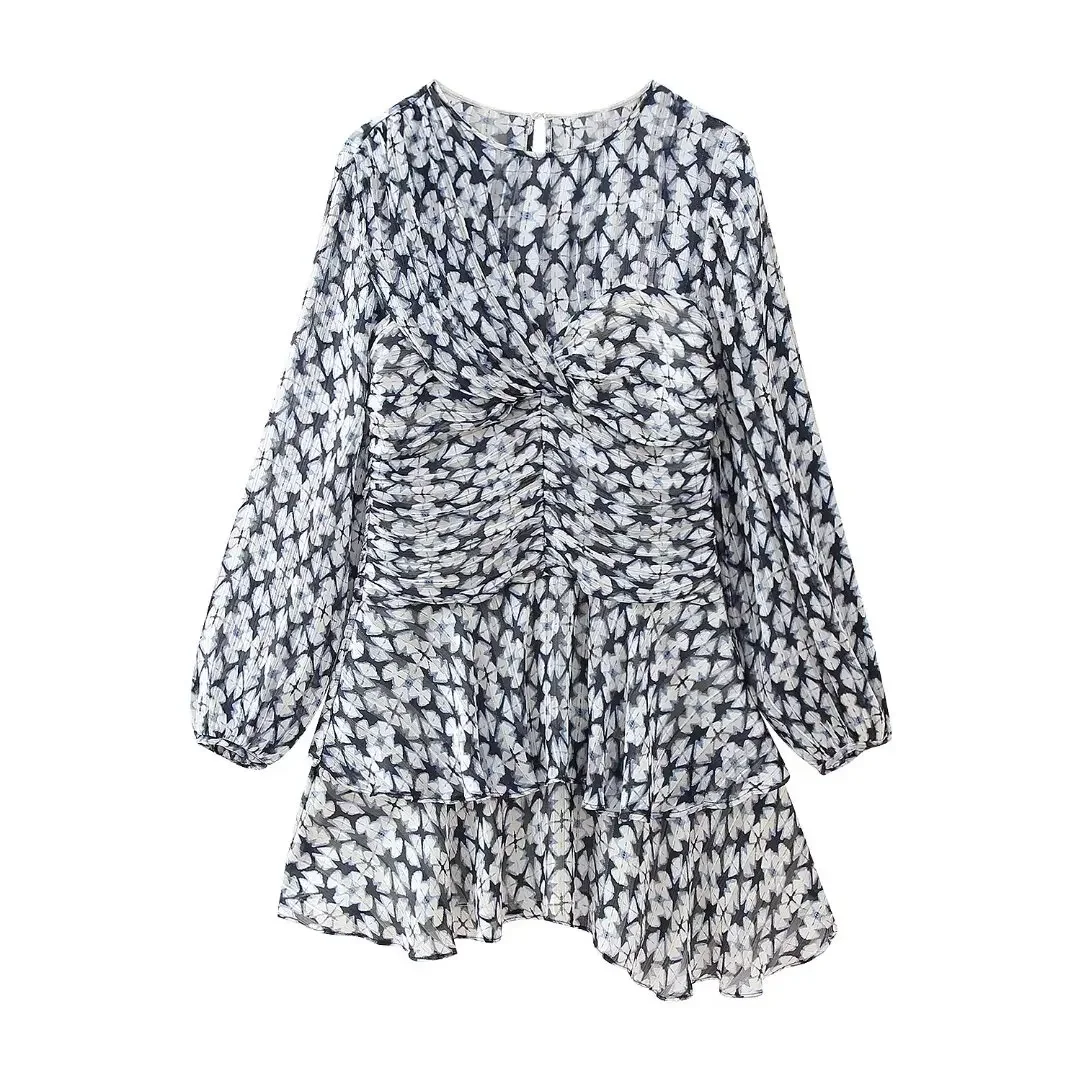

Women's chic and fashionable metallic line print decoration slim fit pleated mini dress retro long sleeved women's dress Mujer