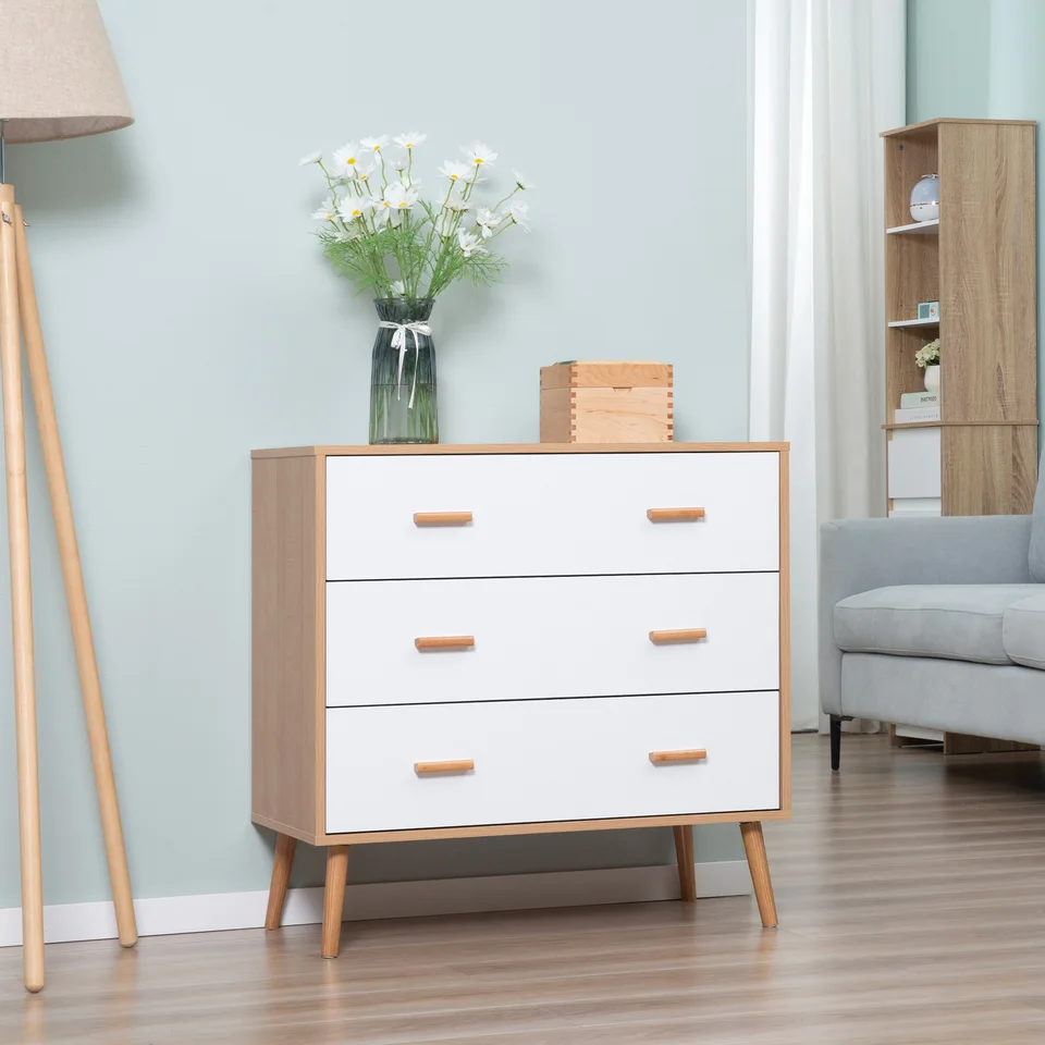 HOMCOM Set di 2 comodini, comodini con 3 cassetti per camera da letto in legno dim. 40L x 30L x 64H cm Bianco