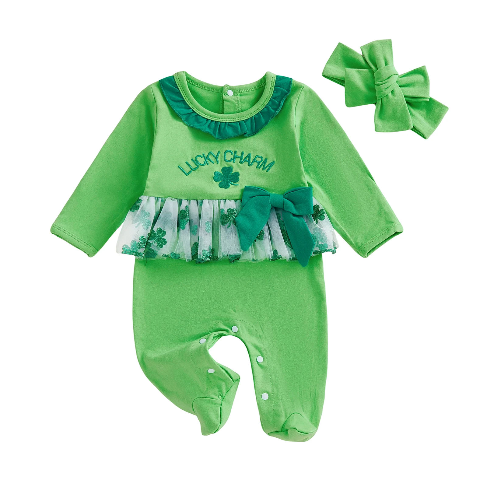 St Patrick s Day Baby Girl Green Shamrock Print Long Sleeve Ruffled Collar Romper Footed Jumpsuit with Clover Embroidery