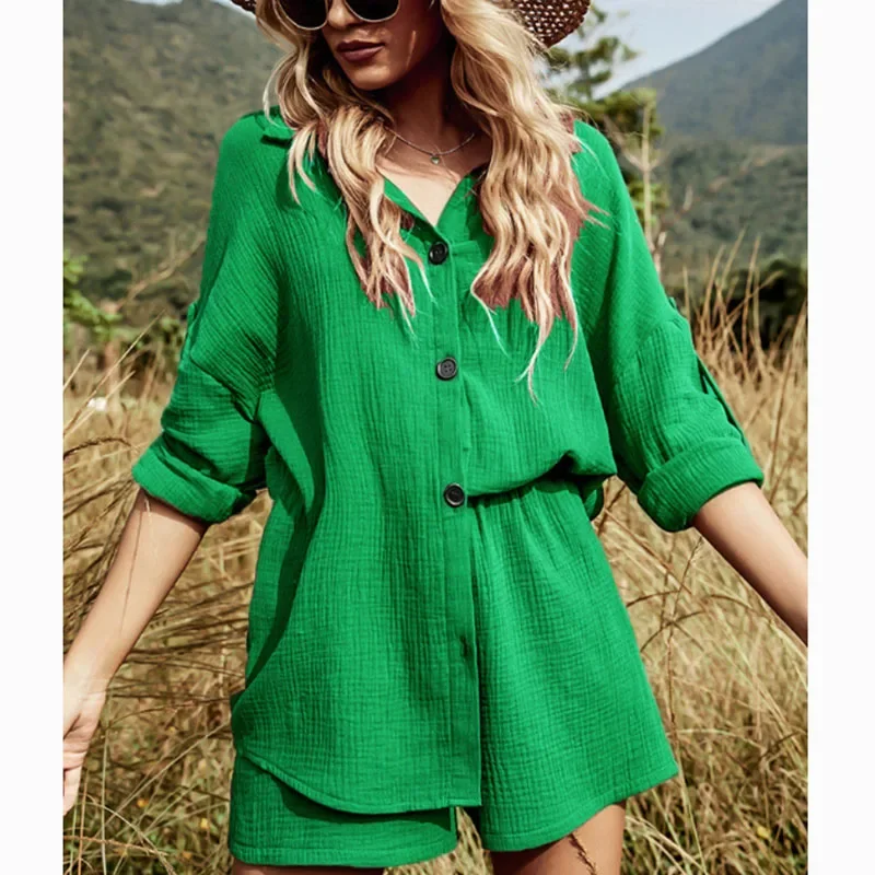 

Женский хлопковый комплект из 2 предметов, Повседневная белая рубашка с длинным рукавом и шорты на пуговицах, Зеленые комплекты одежды, Новинка лета 26540