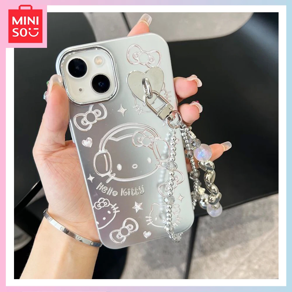 

Miniso Cartoon Cute Silver Hello Kitty Iphone 14/13 Promax Trend Minimalist All-Pack Silicone Chain Phone Case for Girls Gift