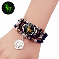 Luminous 12 Constellation Vintage Bracelet for Men Women Braided Punk Leather Bracelets Birthday Gift Glow In The Dark Bracelet 1