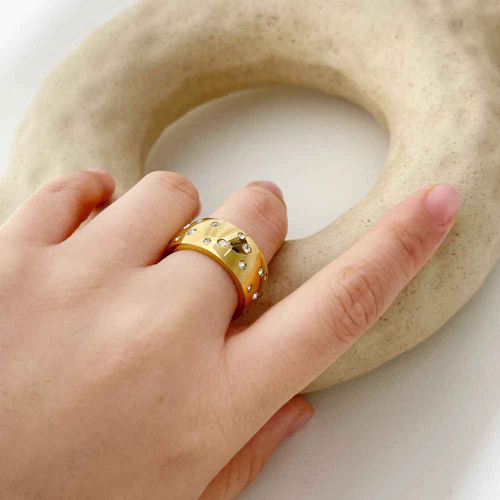 Peri'sbox Rhinestone Wide Chunky Rings 9mm Minimalist Engagement Finger Ring  Golden Stainless Steel Jewelry кольцо женское - AliExpress