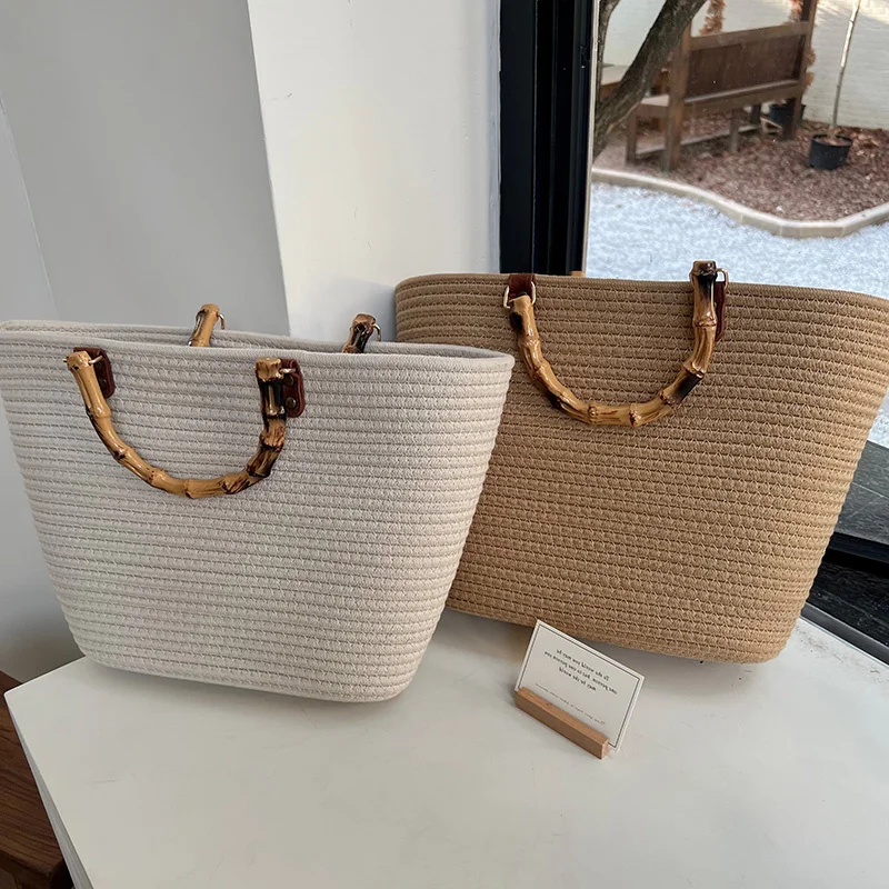 New Imitation Bamboo Knot Handbag Cotton Thread Tote Woven Women's Bag Mommy Large Capacity Straw Woven Bag Handle Bag