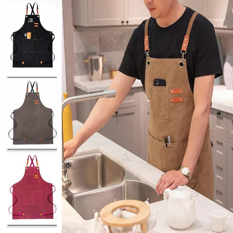 

Thickened Cotton Canvas Apron Coffee Tea Shop Apron Household Kitchen Gardening Work Clothes with Pocket Apron