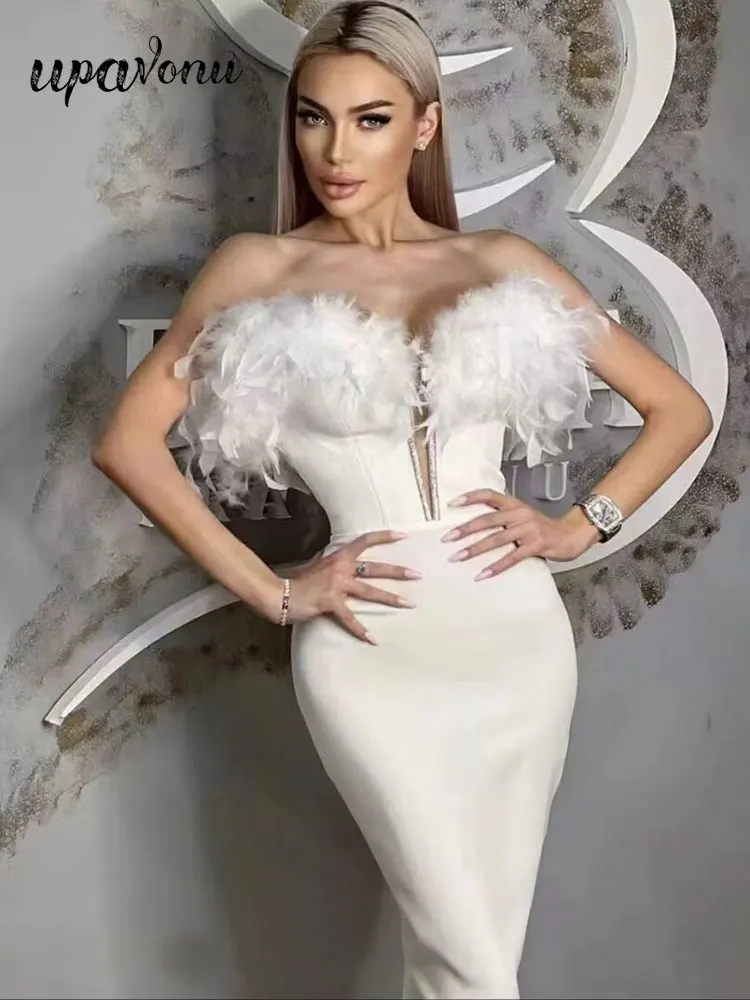 

Sexy Strapless Sleeveless White Feather Design Bandage Dress Women's Bodycon Backless Design Cocktail Evening Club Party Dresses