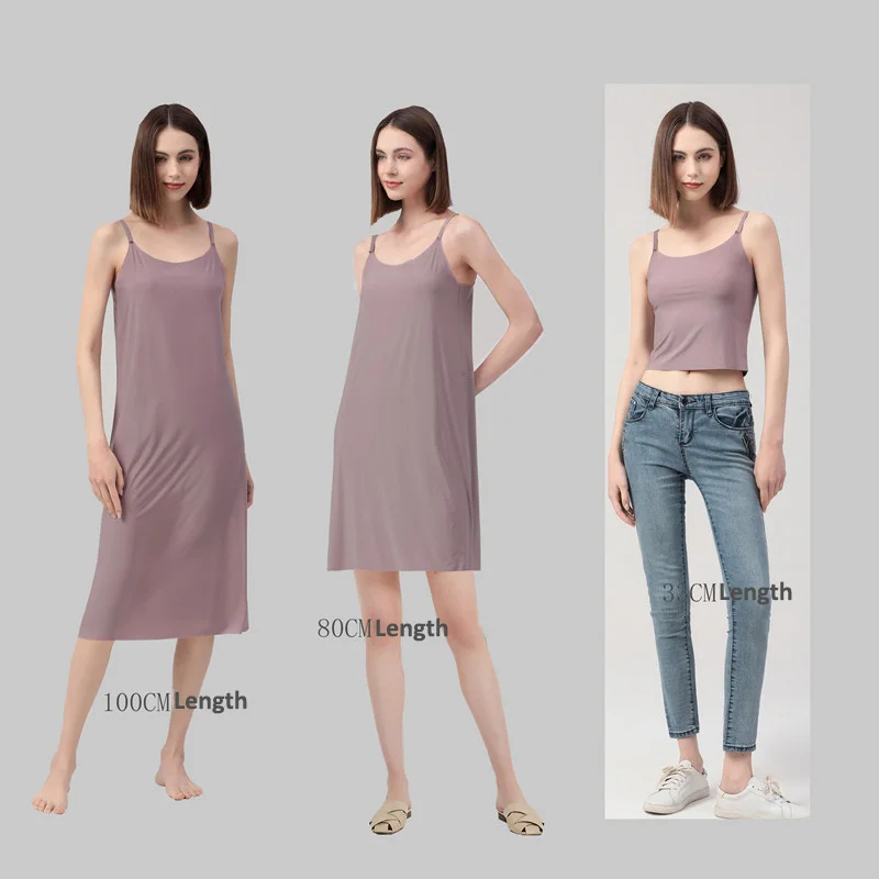 Women Seamless Ice Silk Full Slips Dresses Summer Plus Size Sleeveless Petticoat Underskirt Adjustable Sling Underwear Dress