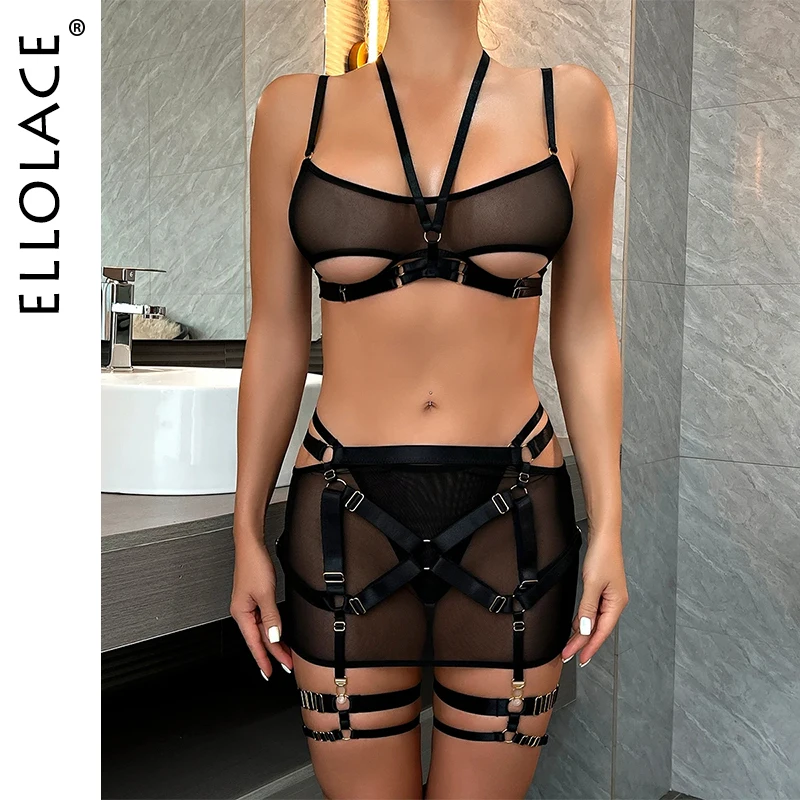 

Ellolace Fetish Lingerie G-String Thong Luxury Underwear Cutting 5-Piece Garter Transparent Halter Bra Fine Exotic Bilizna Set