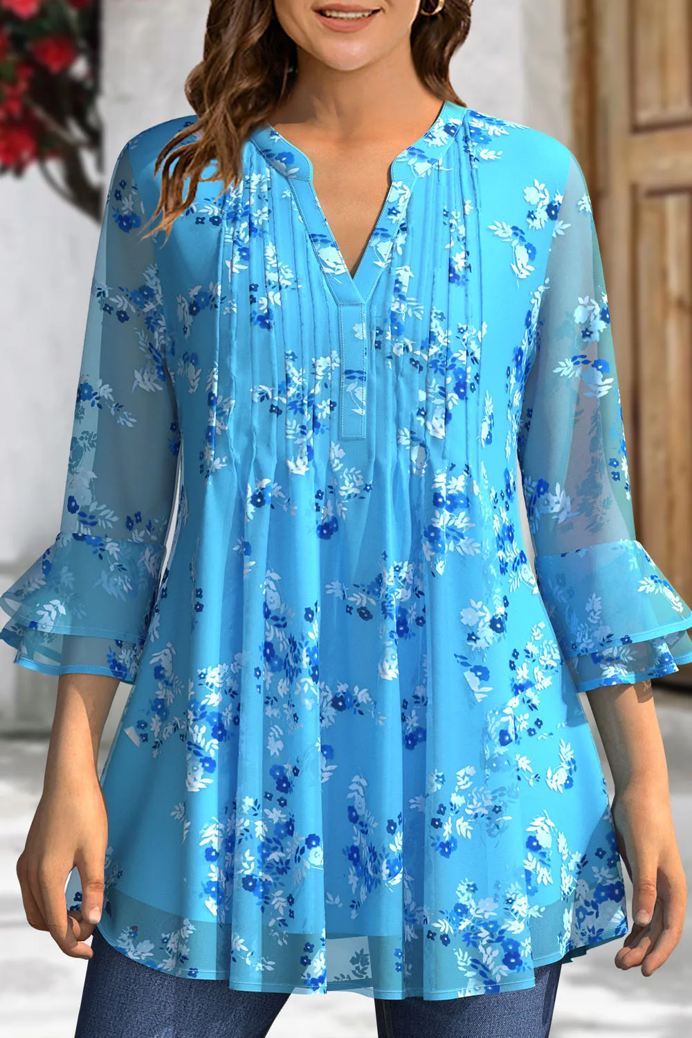 Flycurvy Plus Size Dressy Blue Chiffon Floral Print Pleated Double Layer Ruffled Cuff 3/4 Sleeve Blouse
