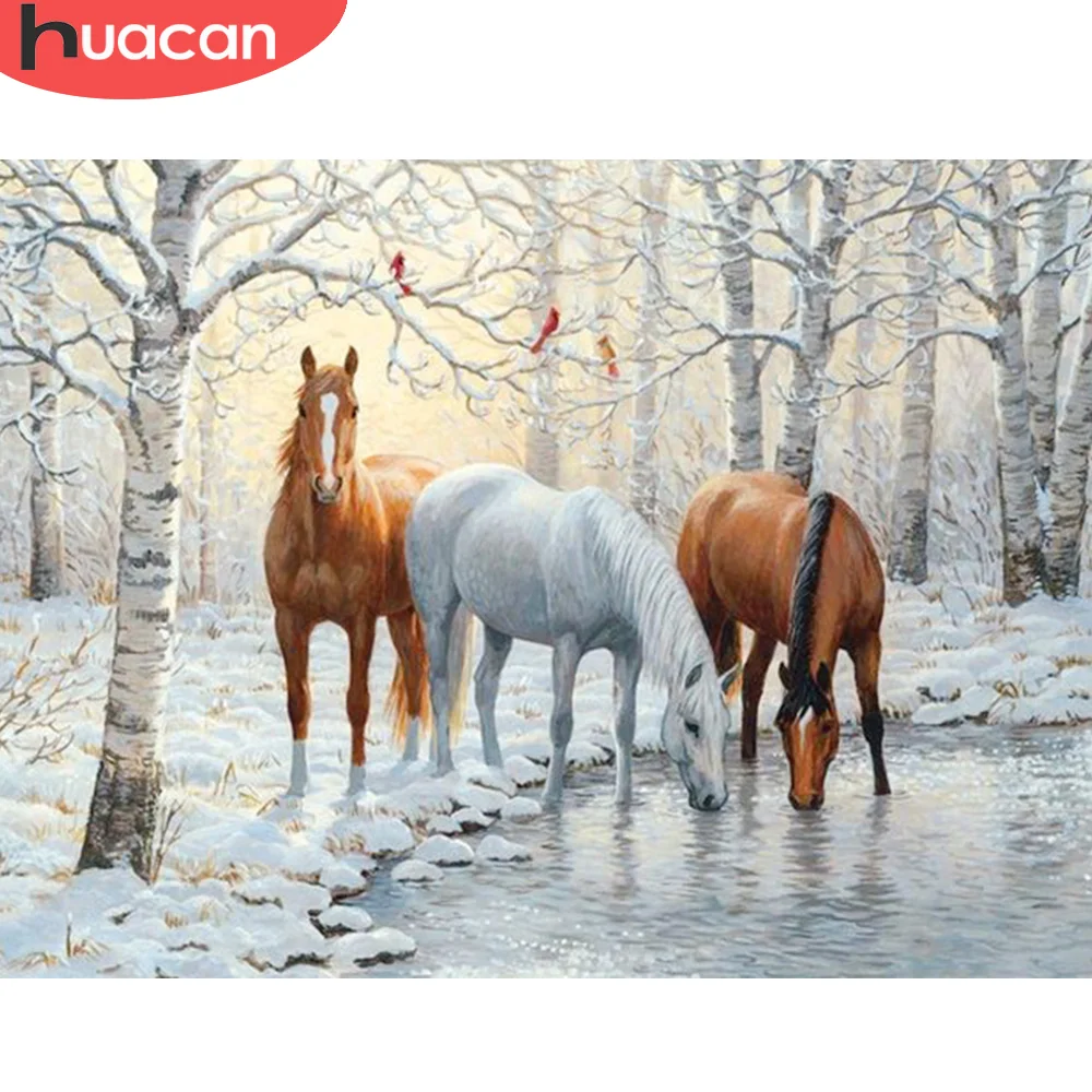 Winter Diamond Painting Horse Full Square Round Mosaic Animal Embroidery Complete Kit Picture Of Rhinestones Wall Decor