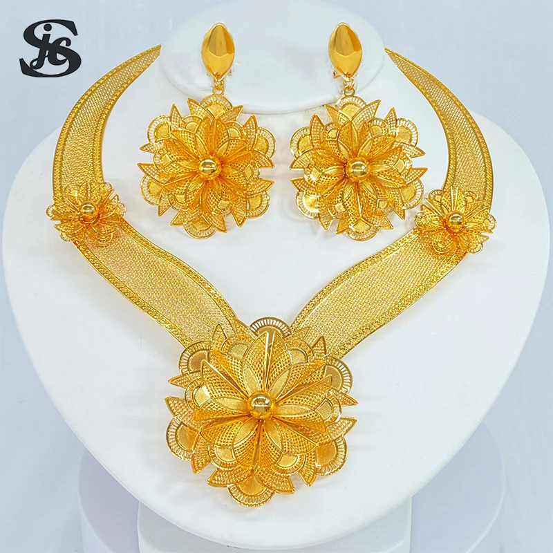 Dubai Fashion Jewelry Set 24K Gold Plated Flower Shape Copper Earrings Necklace For Women