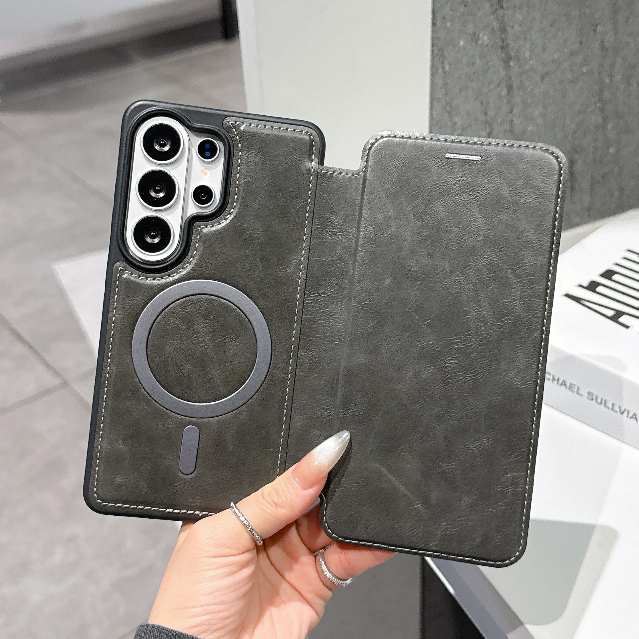 Luxury Leather MagSafe Flip Wallet Case with RFID Blocking and Magnetic Card Holder Slot